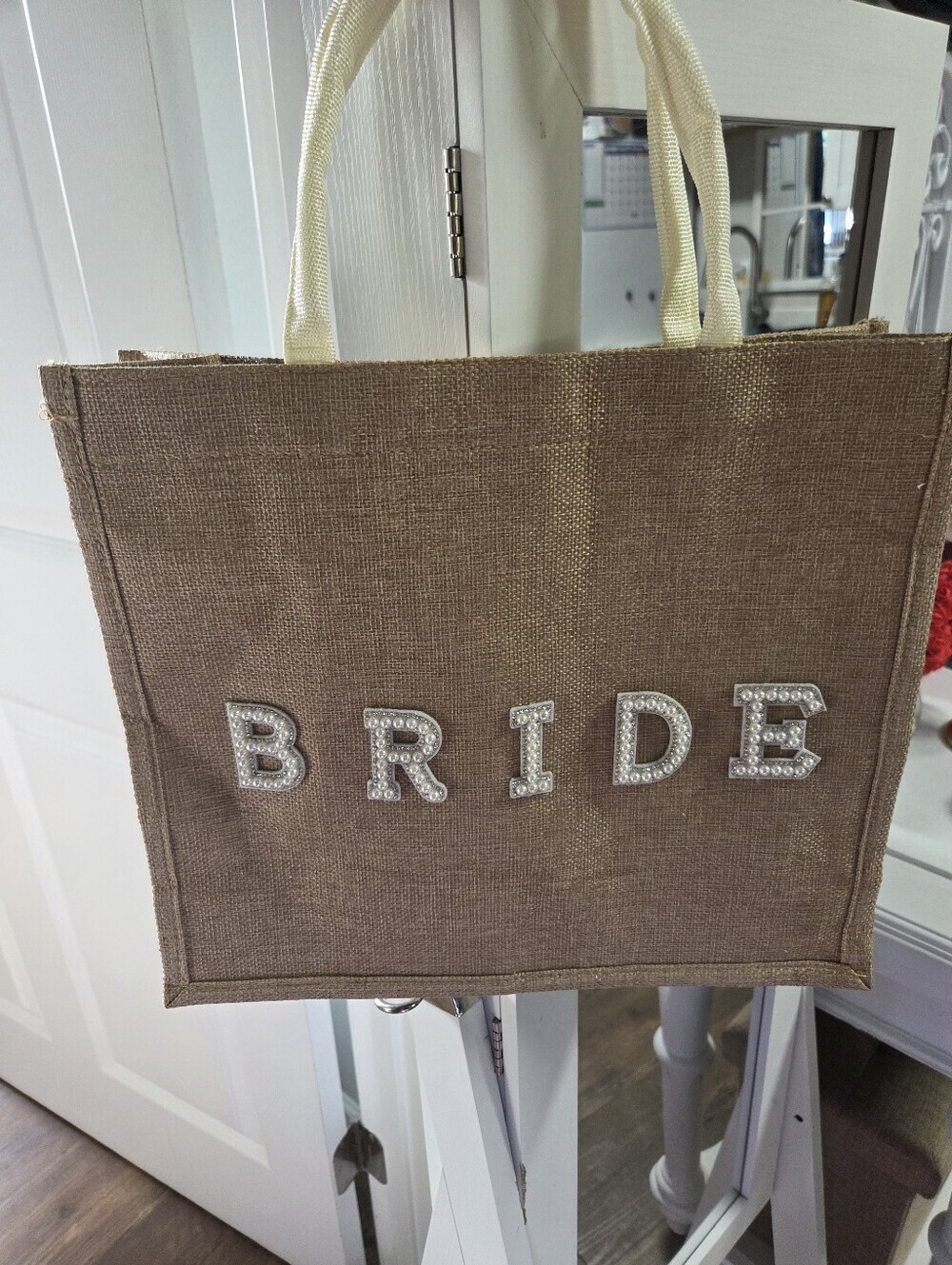 NWOT Bride Jute Tote Bag in Brown with Rhinestone And  Pearl Lettering